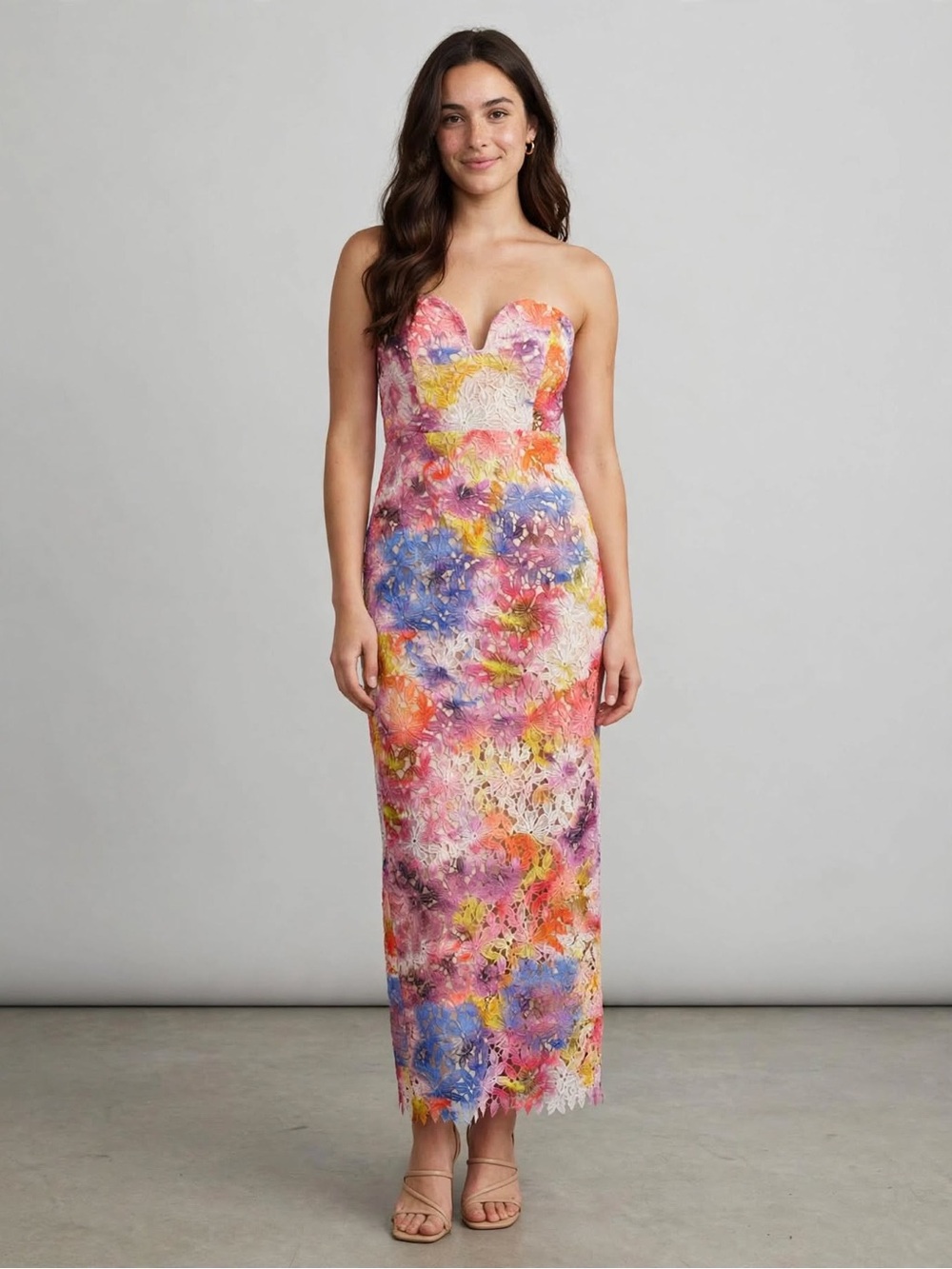 Belle Badgley Mischka Strapless Sweetheart Floral Lace Dress in Multicolor